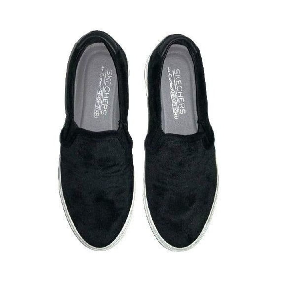 Skechers Womens Black Suede Slip-On Sneakers With White Rubber Sole Size 8